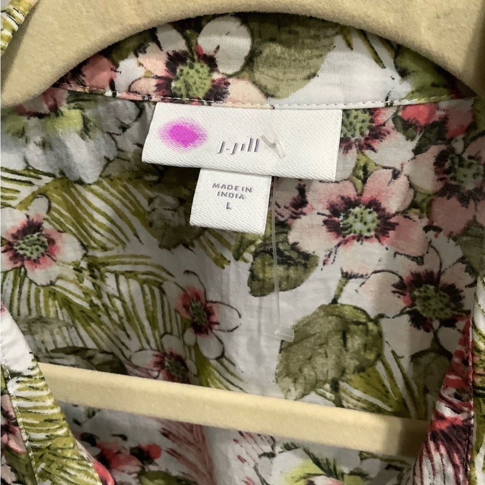 J. Jill Silk Blend Hummingbird Tropical Floral Button Down Blouse Sz L - Picture 10 of 12